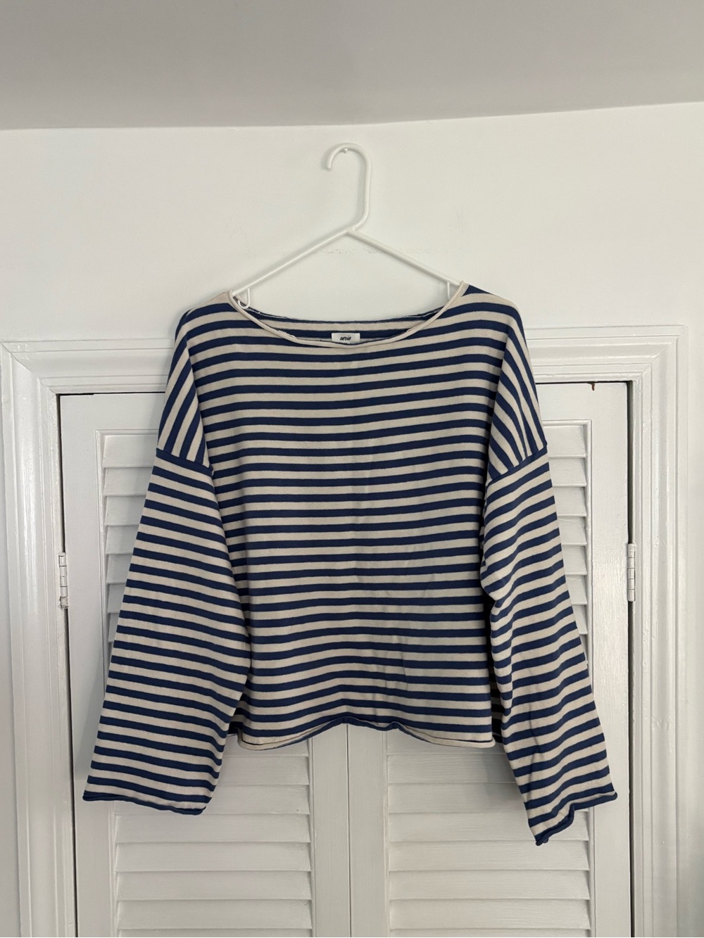 AERIE Striped Navy and White Women's Boatneck Sweater